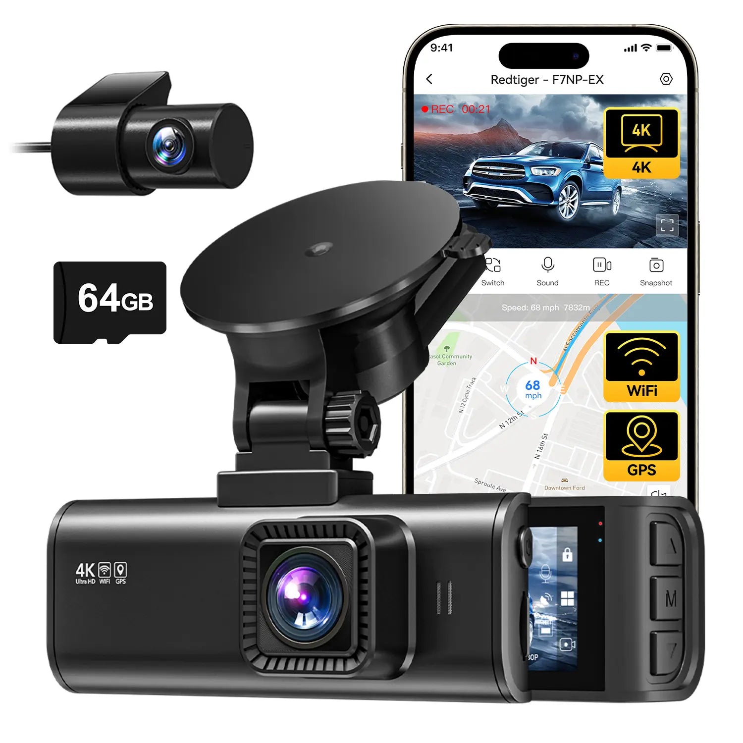 Redtiger F7NP-EX Dash Cam (New Upgrade) - Front and Rear 4K/2.5K Full HD Camera for Vehicles, Includes 64GB Card, Built-In Wi-Fi and GPS, 3.16” IPS Screen, Night Vision, 170° Wide Angle, WDR, 24-Hour Parking Mode
