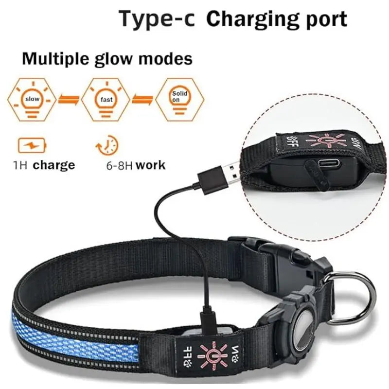 Rechargeable LED Pet Tracker Collar with Safety Light, Smart Mini Tracker Compatible with Apple Find My iOS, USB PD Charging, and QR Code Dog Tag Holder