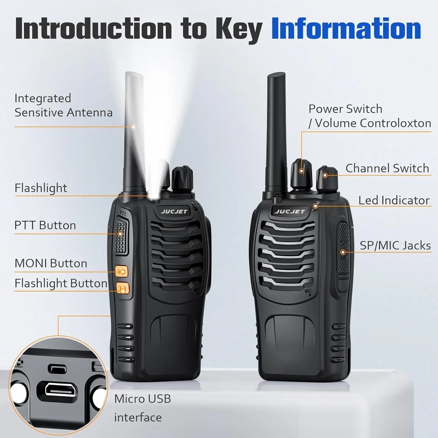 Long Range Rechargeable 2-Way Radios with Earpieces and USB Charging Base - 8Km Max Range, 16 Channels, 6 Pack for Outdoor Use