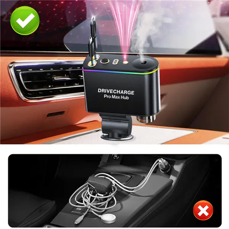 Starlight Roof Retractable Car Charger with Lightning Cable, Dual Charging Ports, and Quick Charge Adapter - 5-in-1 Automotive Solution with Red LED Lights