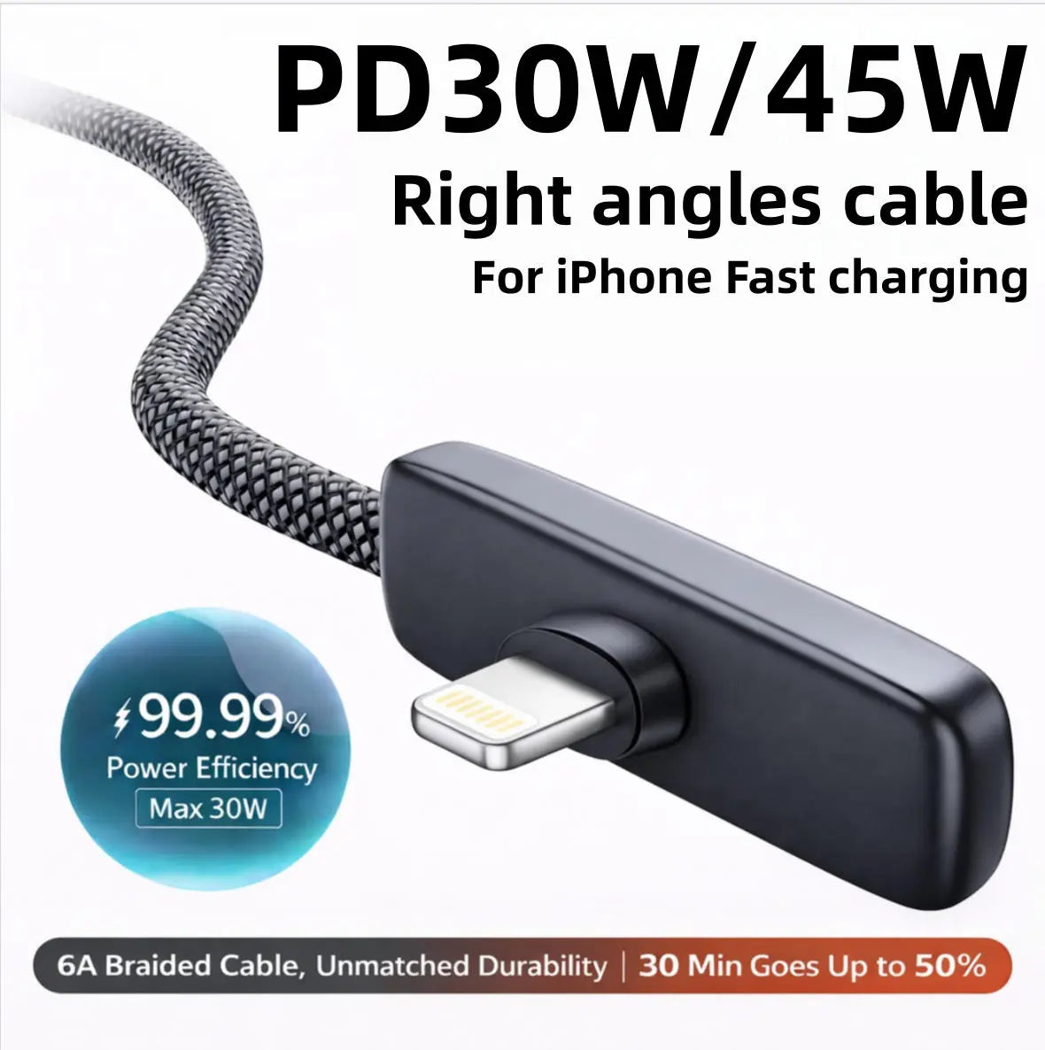 PD30W Right Angle Lightning Cable - Fast Charging Braided Durable Cord for Gaming, Compatible with iPhone 6-14, Safe and Stable Charging, No Blocking Hands While Playing, Available in 3.3 Feet and 6.6 Feet Lengths