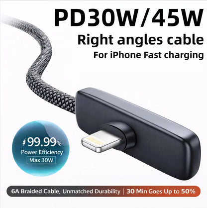 PD30W Right Angle Lightning Cable - Fast Charging Braided Durable Cord for Gaming, Compatible with iPhone 6-14, Safe and Stable Charging, No Blocking Hands While Playing, Available in 3.3 Feet and 6.6 Feet Lengths
