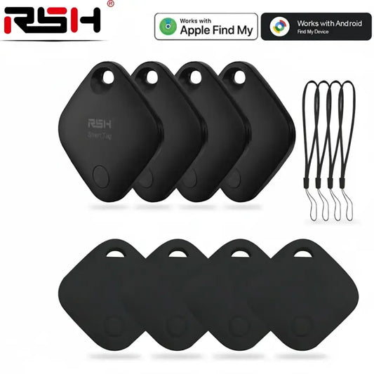 Rsh Tracker Smart Tag Lost Alarm Bundle - Smart Tracking Tags Compatible with Apple Find My and Google Find Hub, Includes 4 Tags, Silicone Cases, and Lanyards for iOS and Android Devices