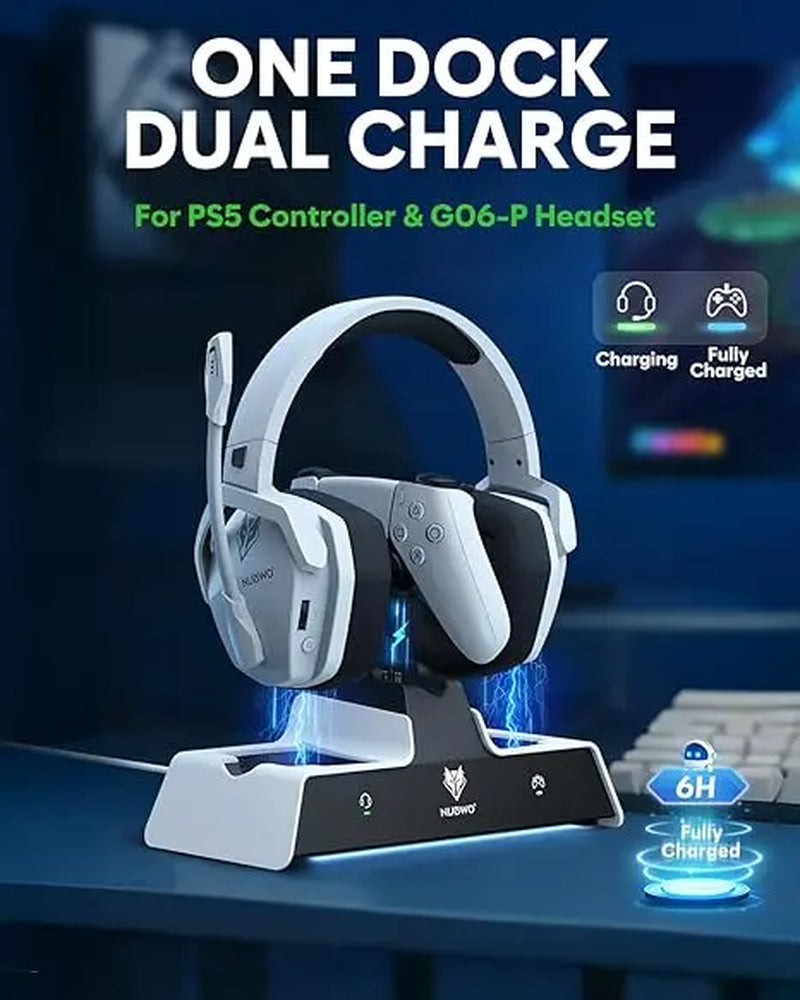 NUBWO G06 Pro Wireless Gaming Headset with Charging Station for Headphones & PS5 Controller Charger, Ps5 Ps4 PC, 120-Hour Battery, with 6 LED & RGB Mode,23Ms Sync​ for Fortnite & Call of Duty/Fps Gamers, Triple Mode All Devices Compatible Tiktokshopspring