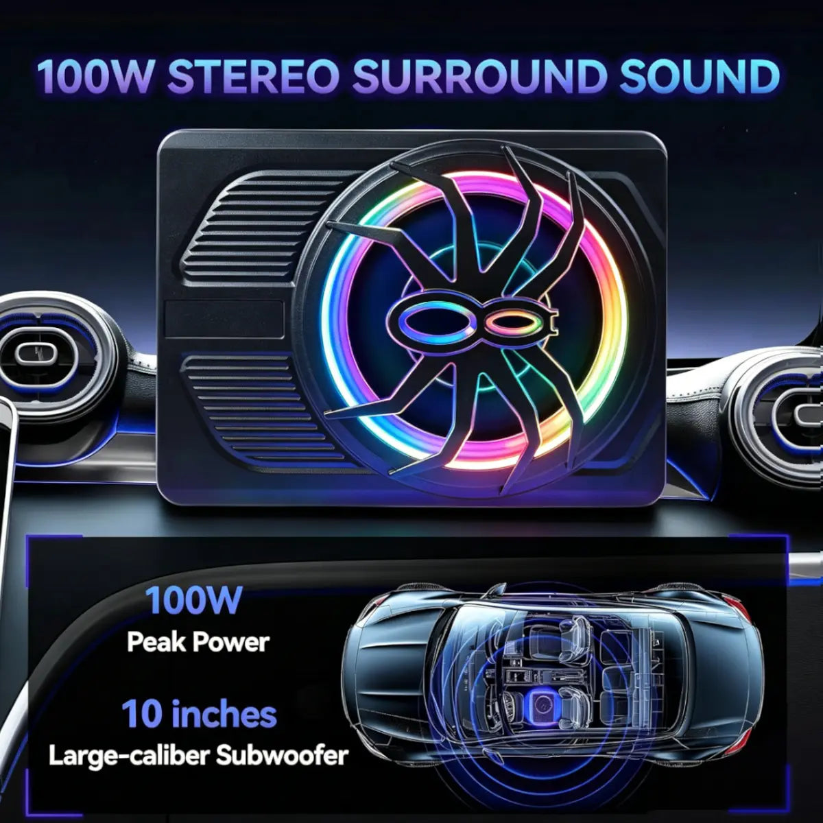 ANDEMAN 10'' Slim Under-Seat Powered Car Subwoofer with APP Control, Built-In Amplifier, and Adjustable Colour Lighting for Vehicles