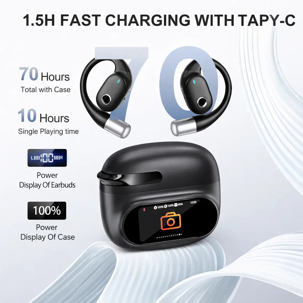 KOUO O1 Open-Ear Wireless Bluetooth 5.4 Headphones with LED HD Display, High-Fidelity Sound, IPX7 Waterproof - Ideal for Office, Sports, Studying, and Audio Calls