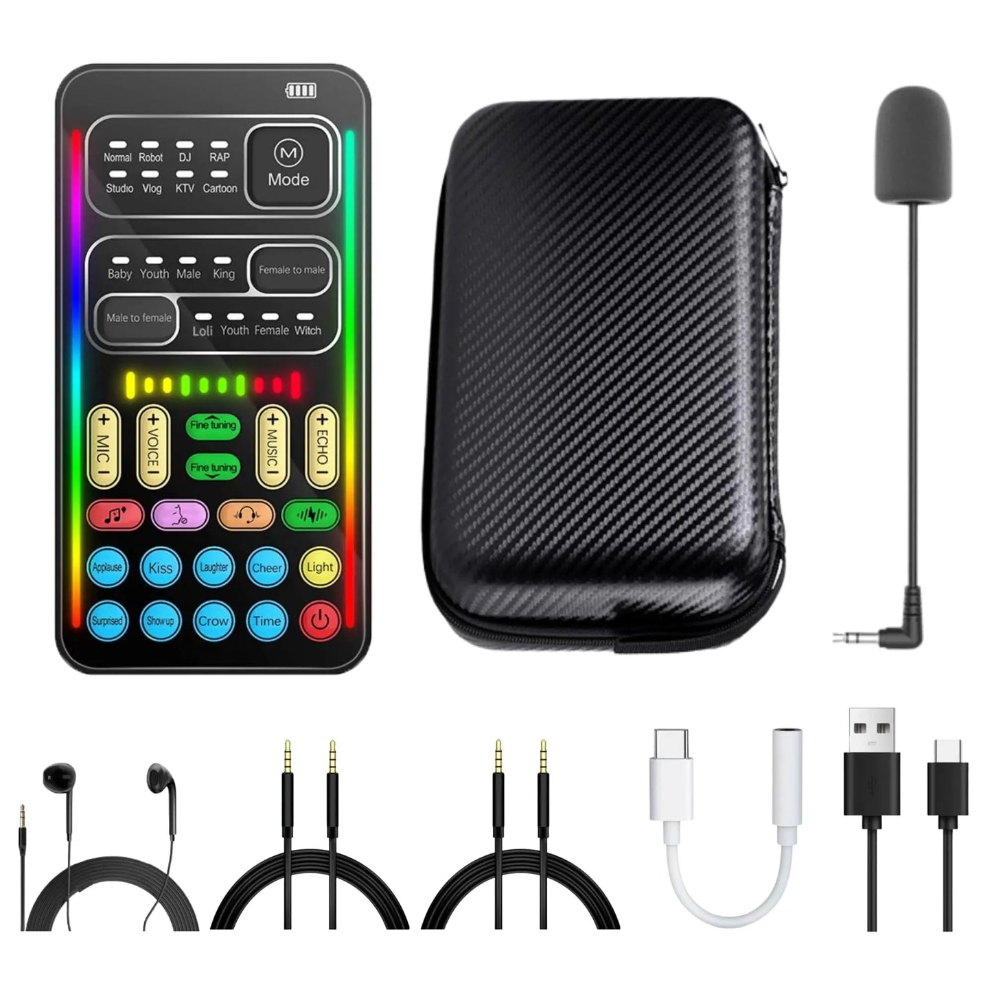 I9 Real-Time Voice Changer with Sound Card - 8 Voice Effects and Complete Accessories (Mini Microphone, Monitor Earphones, Adapters), Plug & Play, Compatible with PC, PS5, Xbox, Switch, Android, and iOS