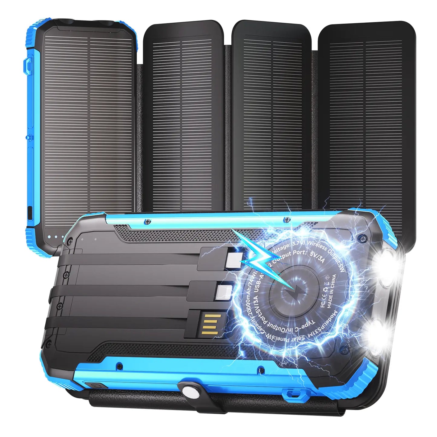 20000Mah Solar Power Bank with 4 Foldable Solar Panels, Built-In Wireless Charging, PD 15W Fast Charging, 3 Built-In Cables, 6 Charging Ports, Portable Solar Charger with Dual Flashlights and Carabiner, Compatible with All Mobile Devices