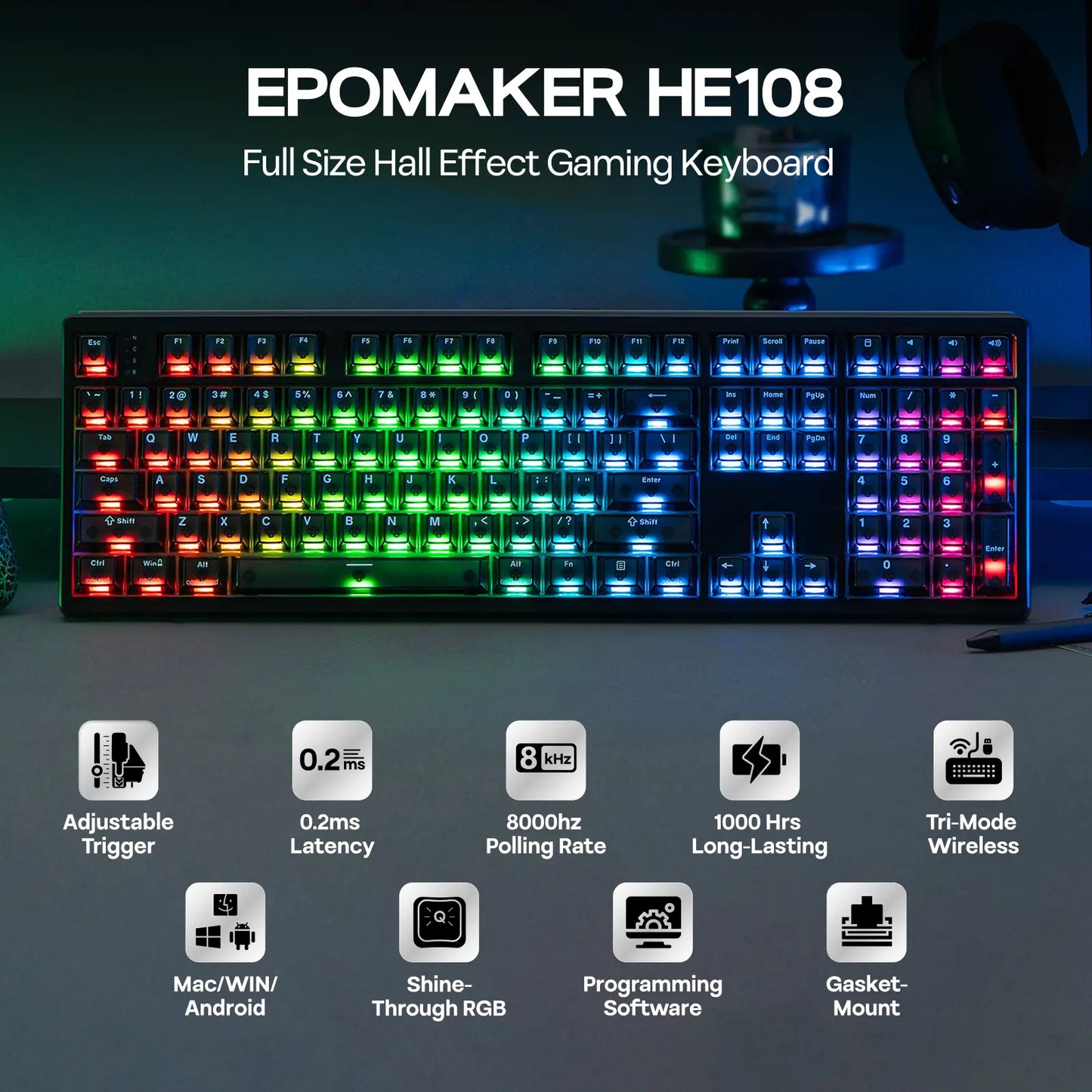EPOMAKER HE108 Wireless Gaming Keyboard, 8K Polling & 10000Mah, SOCD & DKS, Full-Sized Hall Effect Keyboard with Rapid Triggering, Custom Driver RGB Backlit PBT Keycap Gaming Accessories Keyboards for Gaming Dealsforyoudays