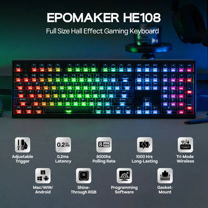 EPOMAKER HE108 Wireless Gaming Keyboard, 8K Polling & 10000Mah, SOCD & DKS, Full-Sized Hall Effect Keyboard with Rapid Triggering, Custom Driver RGB Backlit PBT Keycap Gaming Accessories Keyboards for Gaming Dealsforyoudays