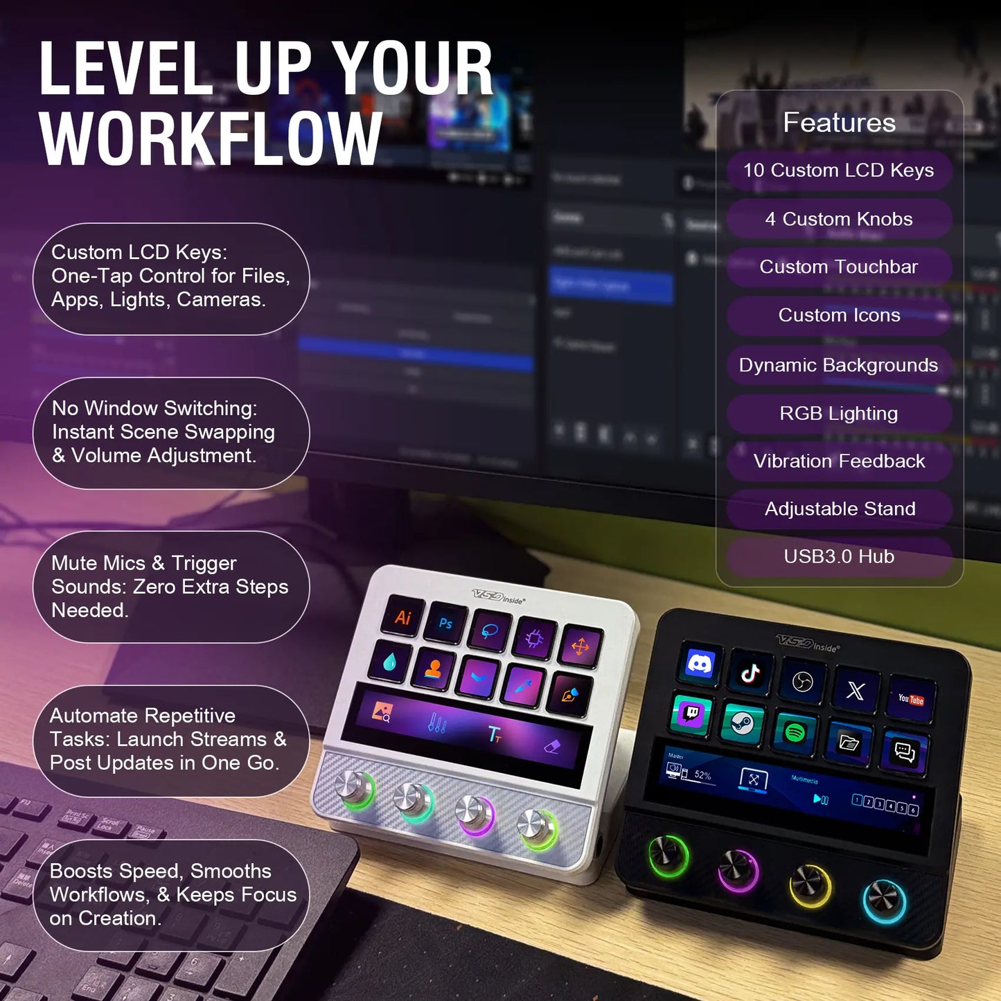 Vsdinside N4 Pro - All-in-One Customizable Keyboard Control Center with 10 LCD Keys, 4 Smart Knobs, and Touch Bar for Gaming, Streaming, and Content Creation on Mac & Windows
