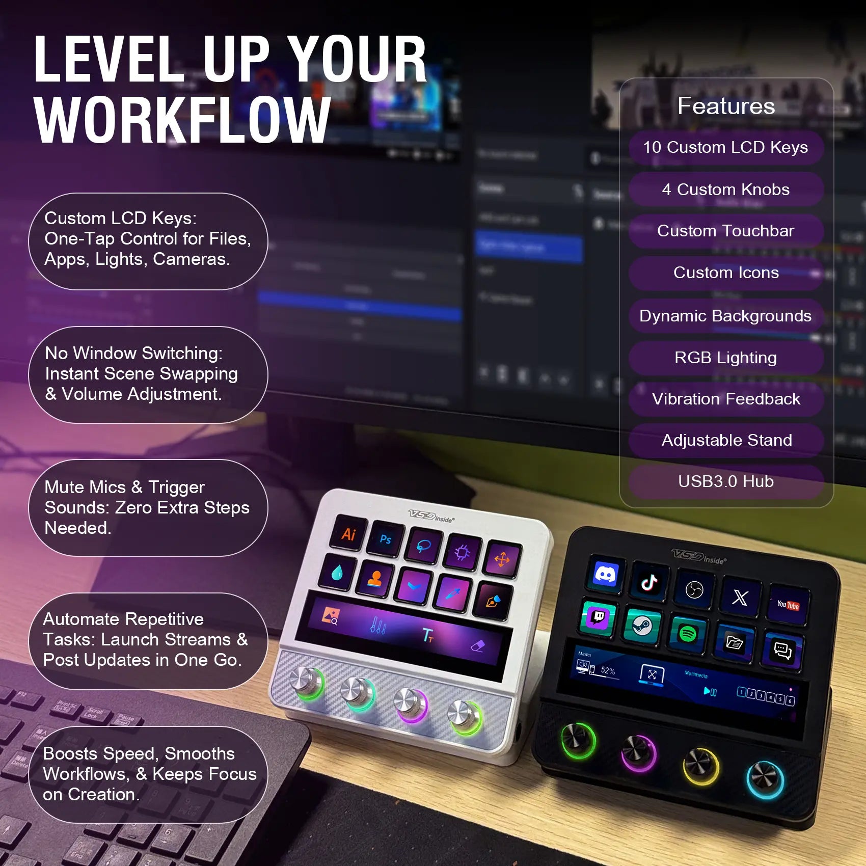 Vsdinside N4 Pro - All-in-One Customizable Keyboard Control Center with 10 LCD Keys, 4 Smart Knobs, and Touch Bar for Gaming, Streaming, and Content Creation on Mac & Windows