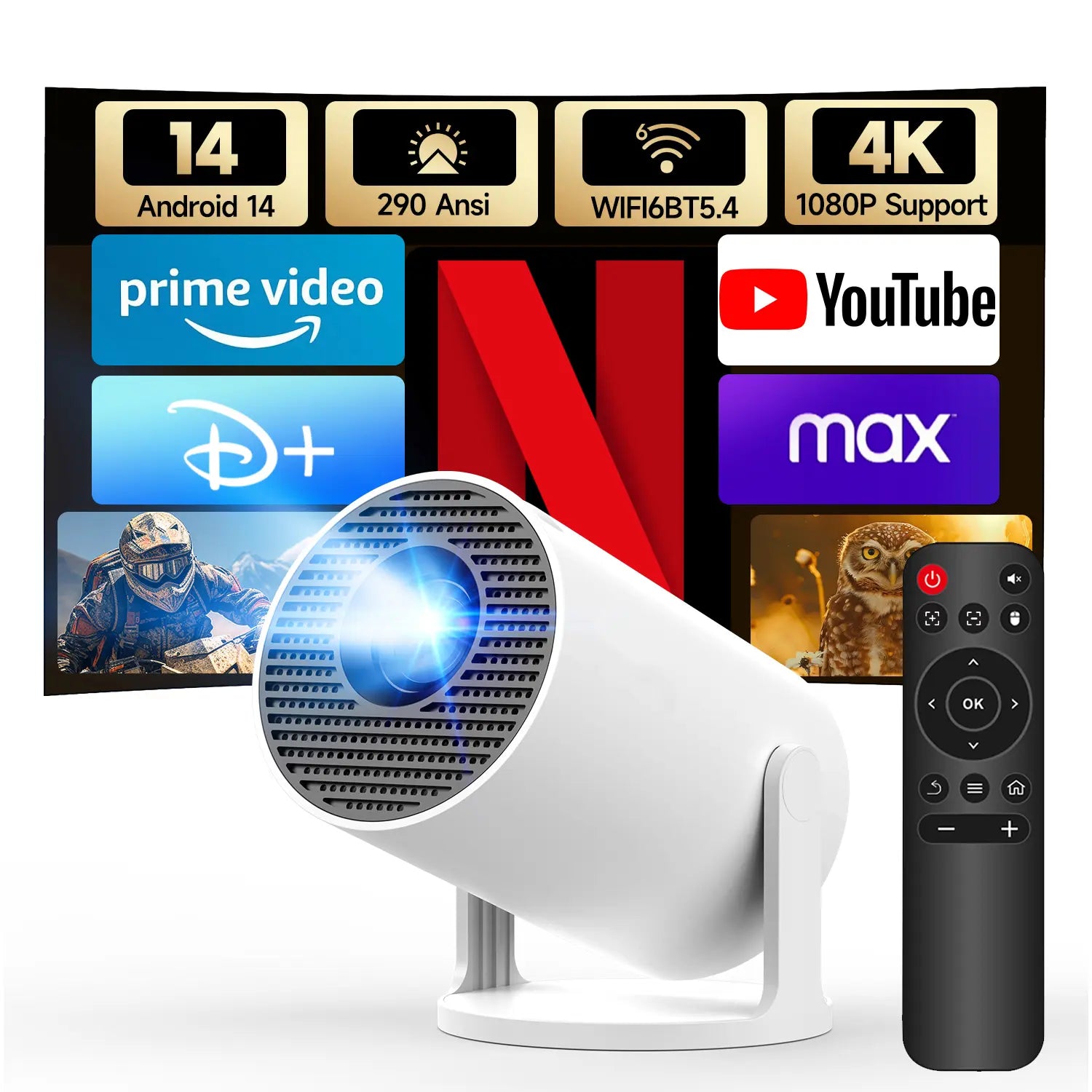 Hy300Pro+ Mini Projector with 290ANSI Lumens Auto Keystone Correction Dual-Band Wifi6 & Bluetooth 5.4 Android 14 1280X720P 4K Decode for Home Cinema Portable Movie Theater Gift - Audio 4K/1080P Support