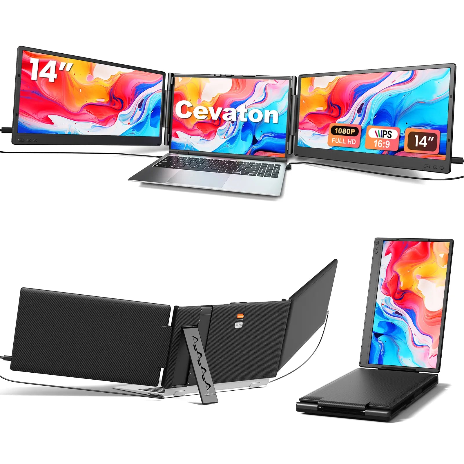 Cevaton 14" Portable Dual Laptop Screen Extender for 13.3"-17" Laptops, Requires Dual USB-C Display or HDMI+USB-C Display, Weighs 4.1 lbs