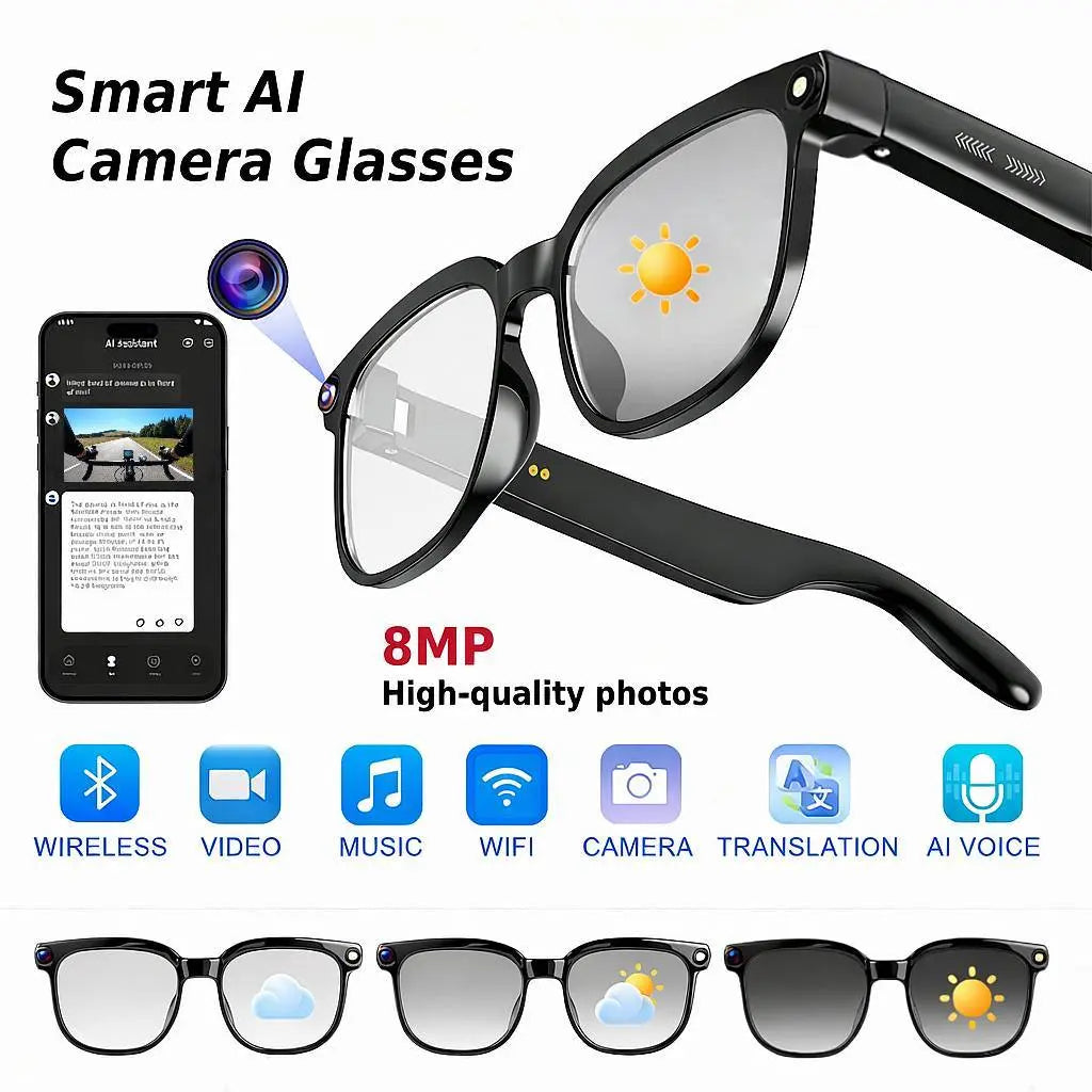 Smart AI Camera Glasses with 8MP Photochromic Lenses, Touch Button Adjustment for Hands-Free Photography, Real-Time Translation in 160+ Languages, Bluetooth Connectivity, and UV Protection for Outdoor Adventures
