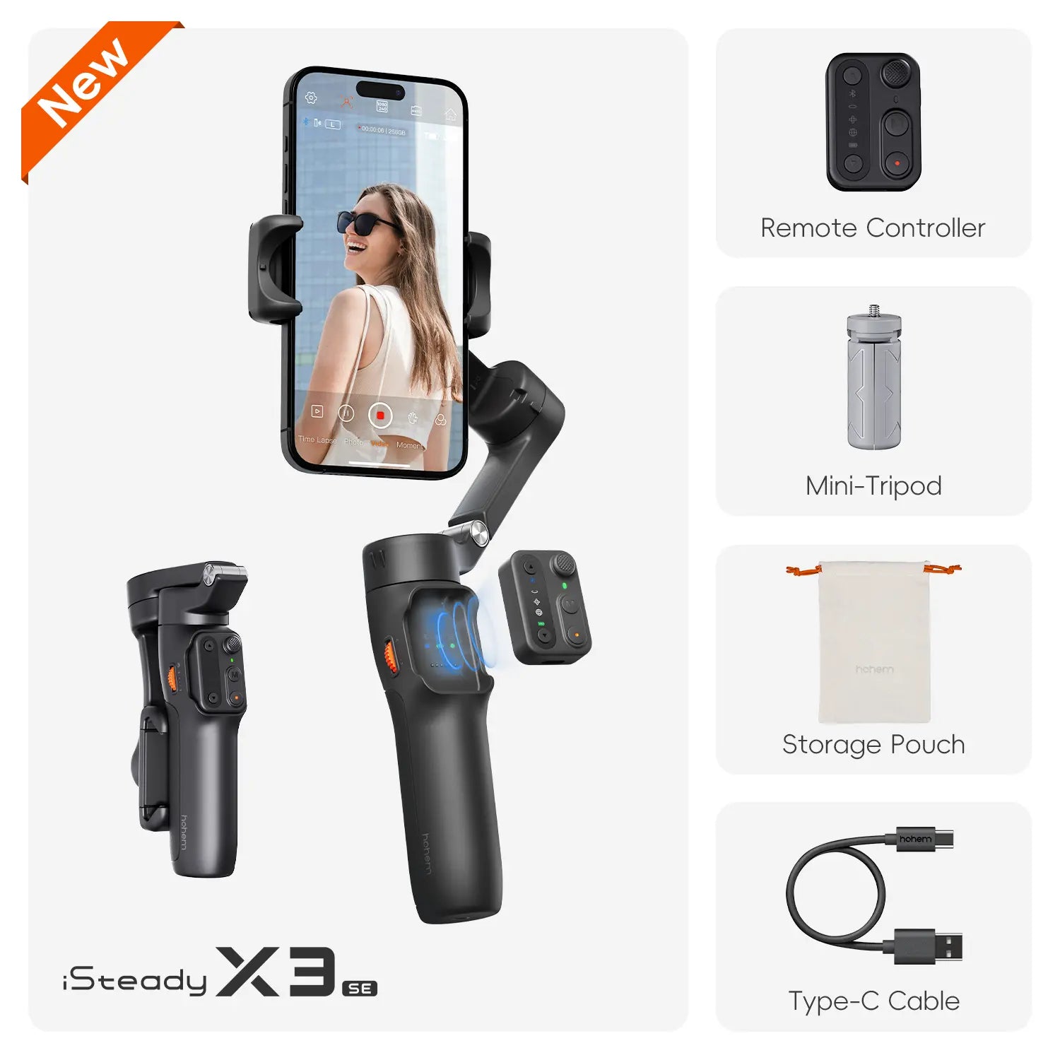 Hohem Isteady X3 SE Gimbal Stabilizer for Iphone & Android, Smartphone Foldable Gimbal with Detachable Remote Control, Portable Foldable 3-Axis Phone Gimbal for Android & Iphone17 Series, Ideal for Travel Vlogging
