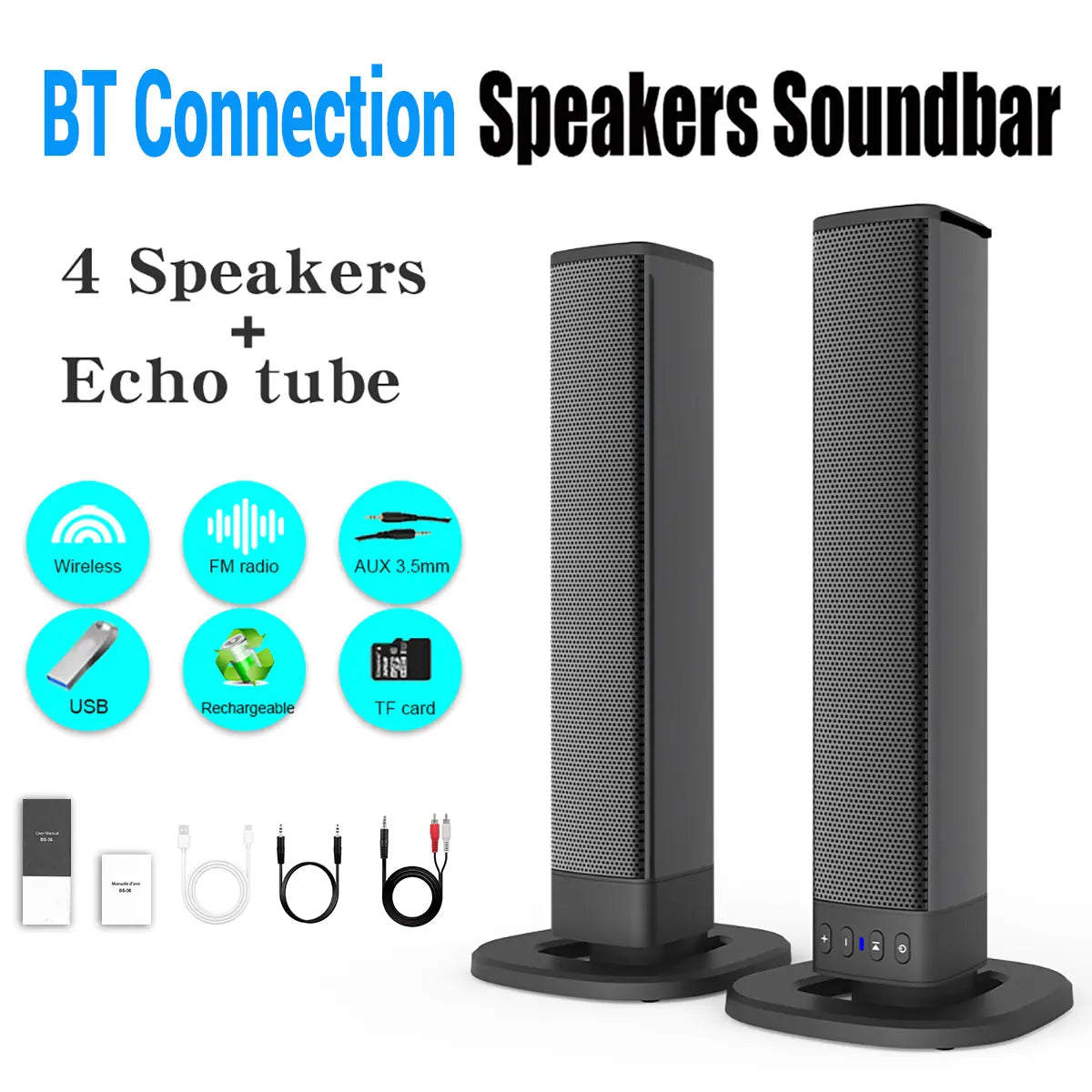 2-in-1 Wireless Sound Bar Speaker with Built-In Subwoofers for Smart TVs - Home Theater Audio System