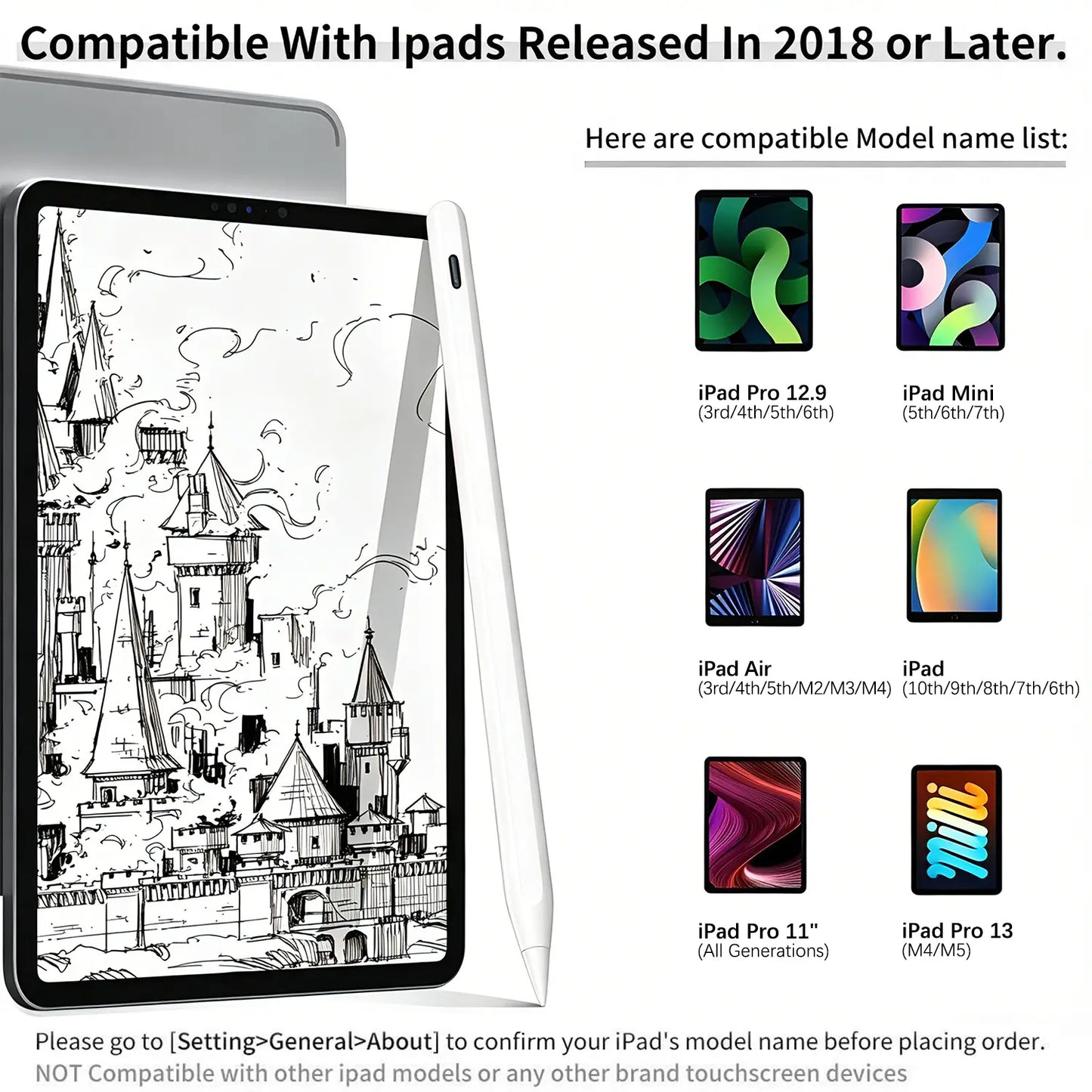 Stylus Pen for iPad (6th-11th Generation) - Active Pencil Compatible with 2018-2025 iPad Pro (11"/12.9"/M4), iPad Air (3/4/5/M2/M3/M4), and iPad Mini (5/6/7) - Ideal Father's Day Gift