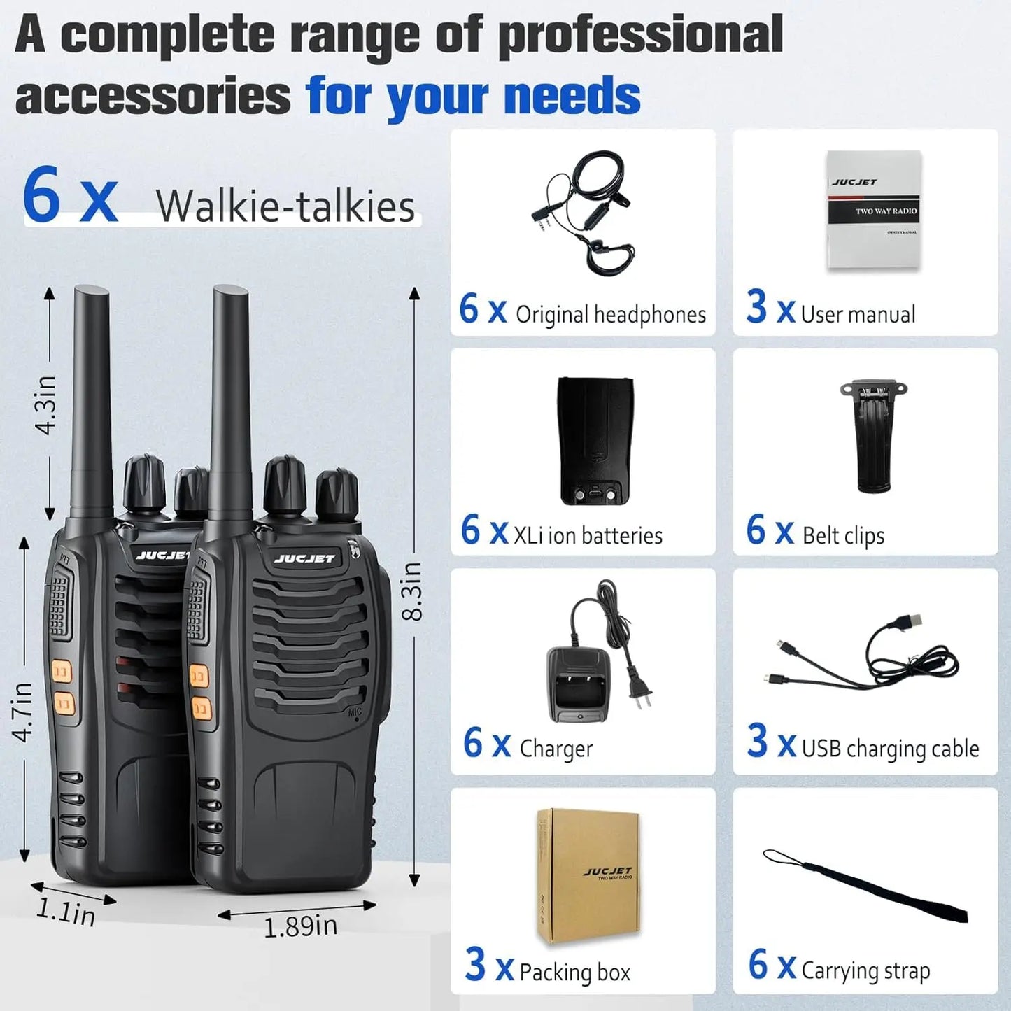 Long Range Rechargeable 2-Way Radios with Earpieces and USB Charging Base - 8Km Max Range, 16 Channels, 6 Pack for Outdoor Use