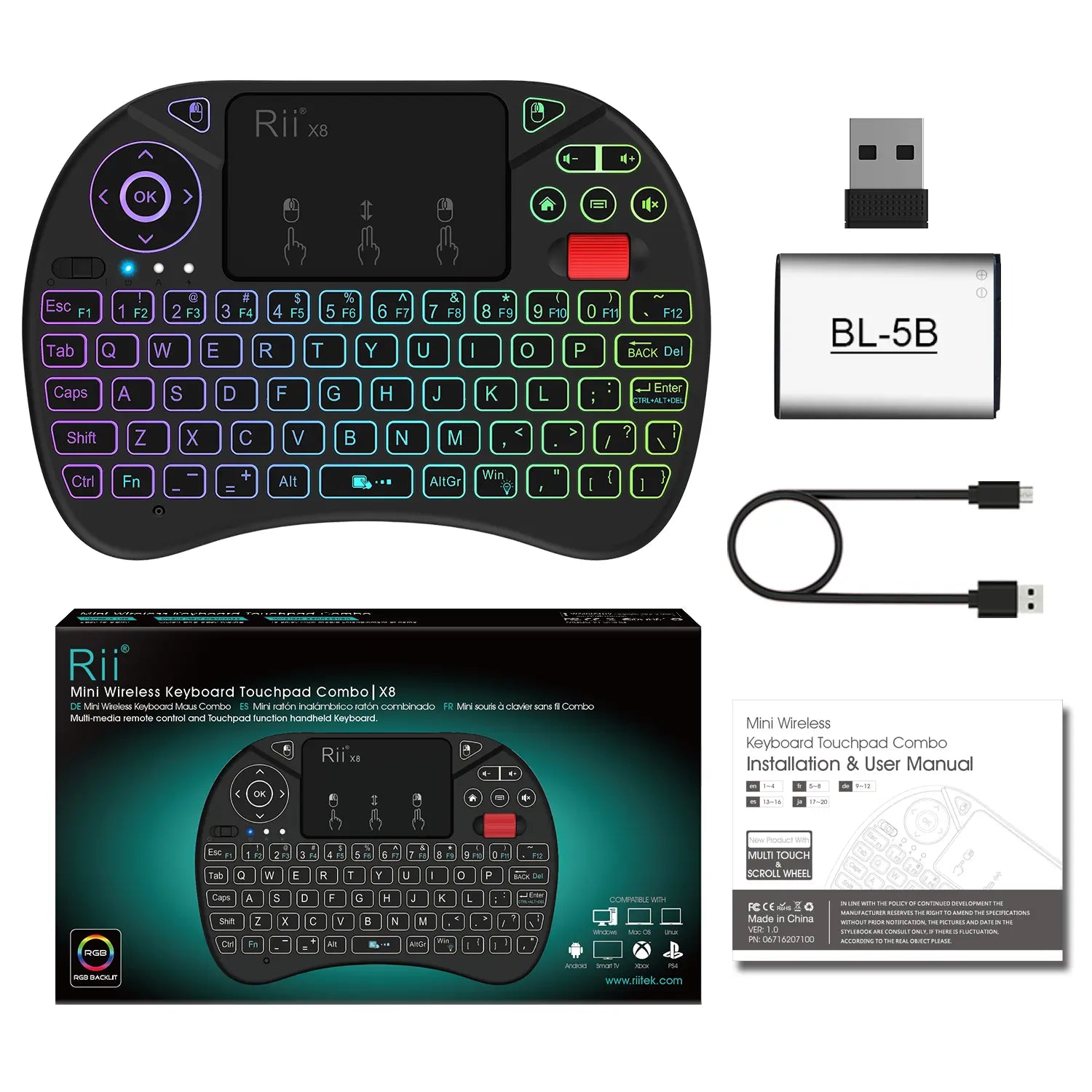 Rii X8 Mini Wireless Keyboard with Touchpad, 2.4GHz Connectivity, RGB Backlighting, and Rechargeable Battery for Android TV Box, Mac, PC, and Nvidia Shield Controller