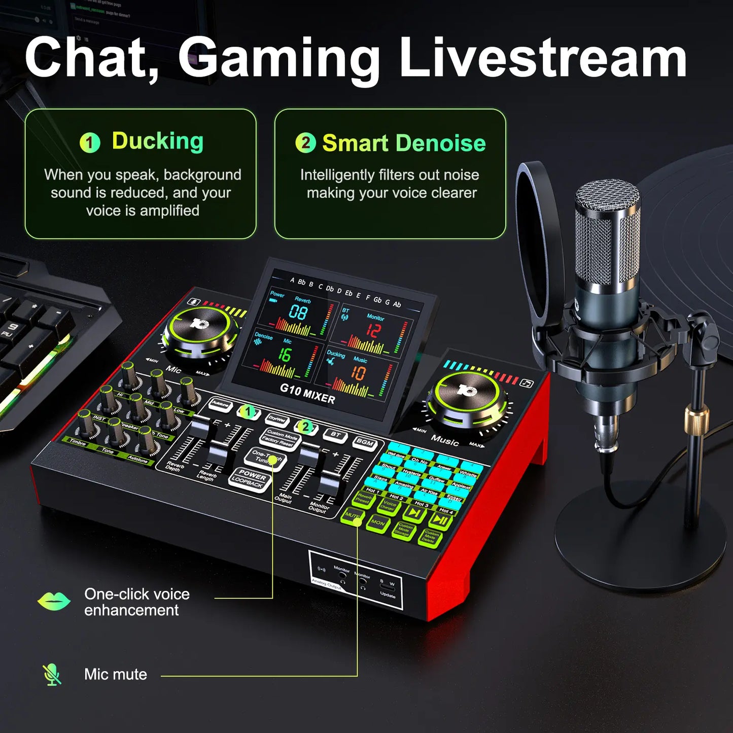 Tenlamp G10-P15 Professional Sound Card Kit with Condenser Microphone, Audio Mixer Featuring Voice Changer and Noise Reduction for Streaming, Podcasting, and Gaming