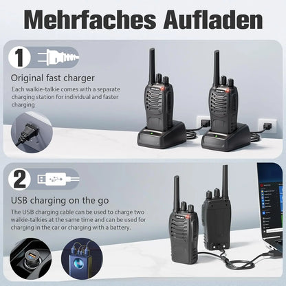 Long Range Rechargeable 2-Way Radios with Earpieces and USB Charging Base - 8Km Max Range, 16 Channels, 6 Pack for Outdoor Use