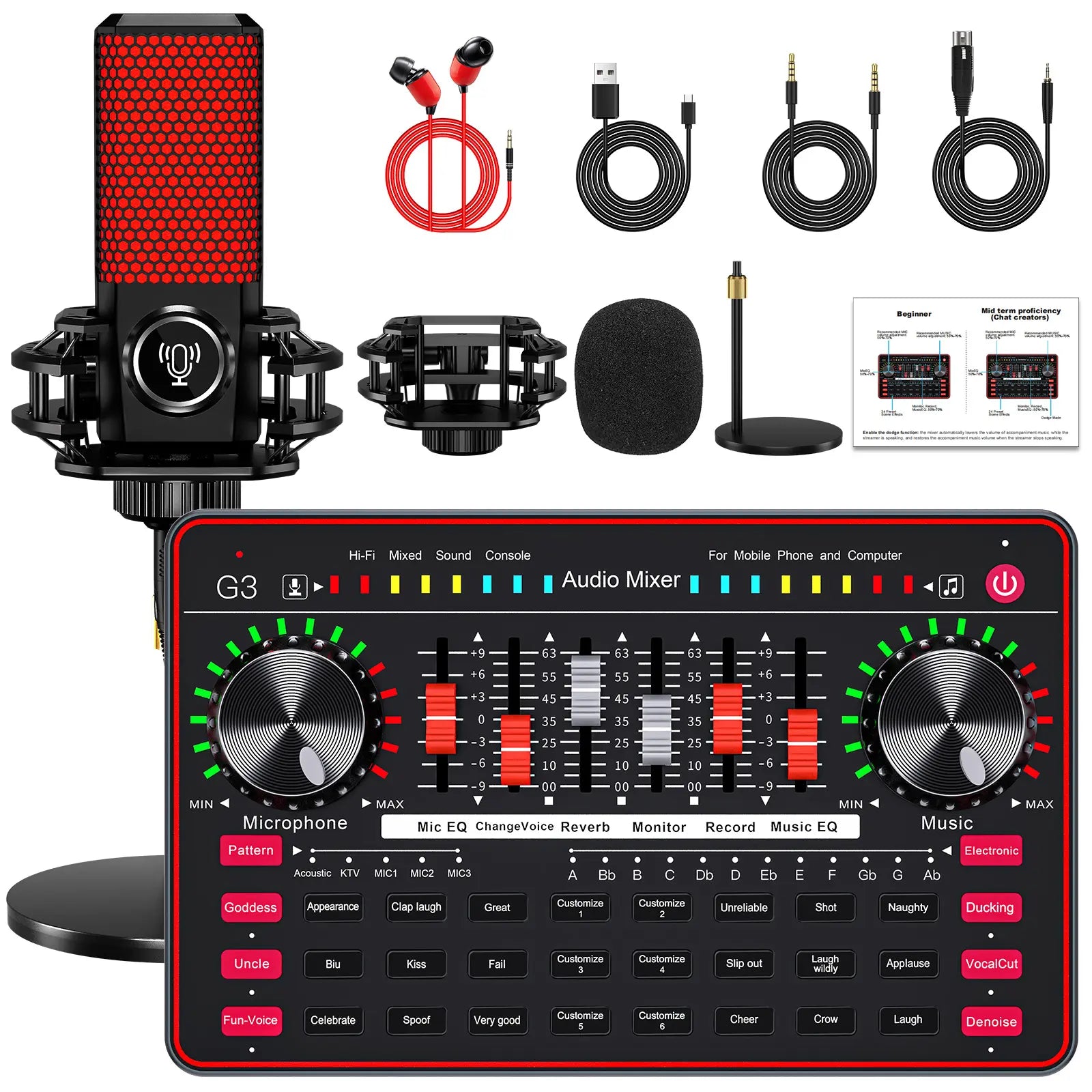 Tenlamp G3-Q8 Professional Podcast Microphone Bundle with Live Sound Card and Audio Mixer for Streaming, Singing, and Content Creation, Featuring Voice Changer and Soundboard Effects