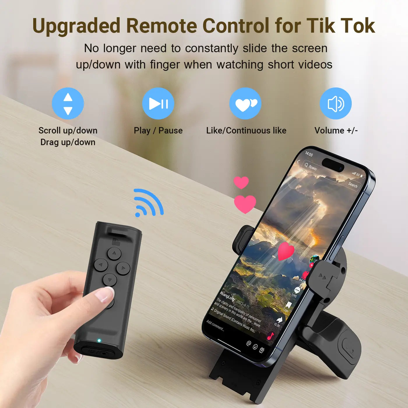 PUTARE Wireless Remote Control for TikTok Scrolling with Smartphone Holder Stand, Page Turner, and Camera Shutter for iOS and Android - Ideal Selfie Accessory and Upgraded Father's Day Gift