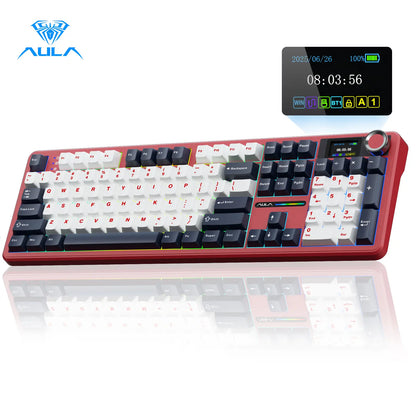 AULA F108 Pro Wireless Mechanical Gaming Keyboard - Full-Size with Smart Screen, Knob, Creamy Typing, Tri-Mode Connectivity, RGB Backlighting, Hot Swappable Switches for Professional and Gaming Use, Red