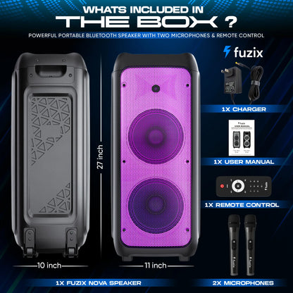 Fuzix Nova Portable Rechargeable Bluetooth Karaoke Speaker with Dual Wireless Microphones, Dynamic LED Lighting, FM Radio, USB and Micro SD Support, and Remote Control
