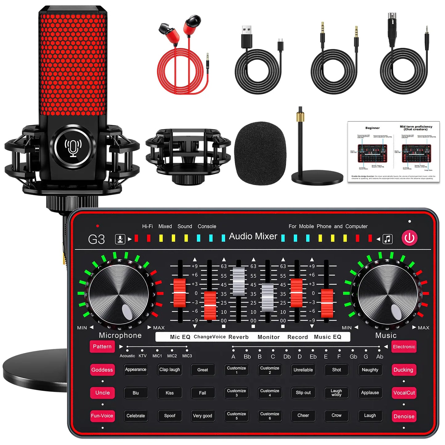 Tenlamp G3-Q8 Professional Podcast Microphone Bundle with Live Sound Card and Audio Mixer for Streaming, Singing, and Content Creation, Featuring Voice Changer and Soundboard Effects