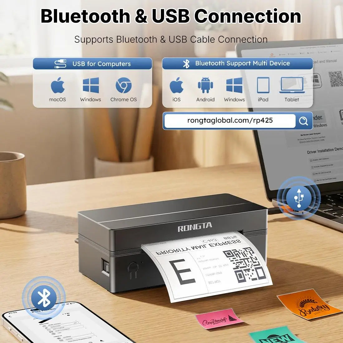 RT Wireless Bluetooth Thermal Label Printer - Compatible with iOS, Android, Windows, Mac, and Chromebook for Etsy, eBay, Shopify, and USPS Printing