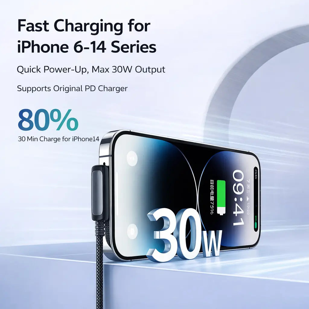 PD30W Right Angle Lightning Cable - Fast Charging Braided Durable Cord for Gaming, Compatible with iPhone 6-14, Safe and Stable Charging, No Blocking Hands While Playing, Available in 3.3 Feet and 6.6 Feet Lengths