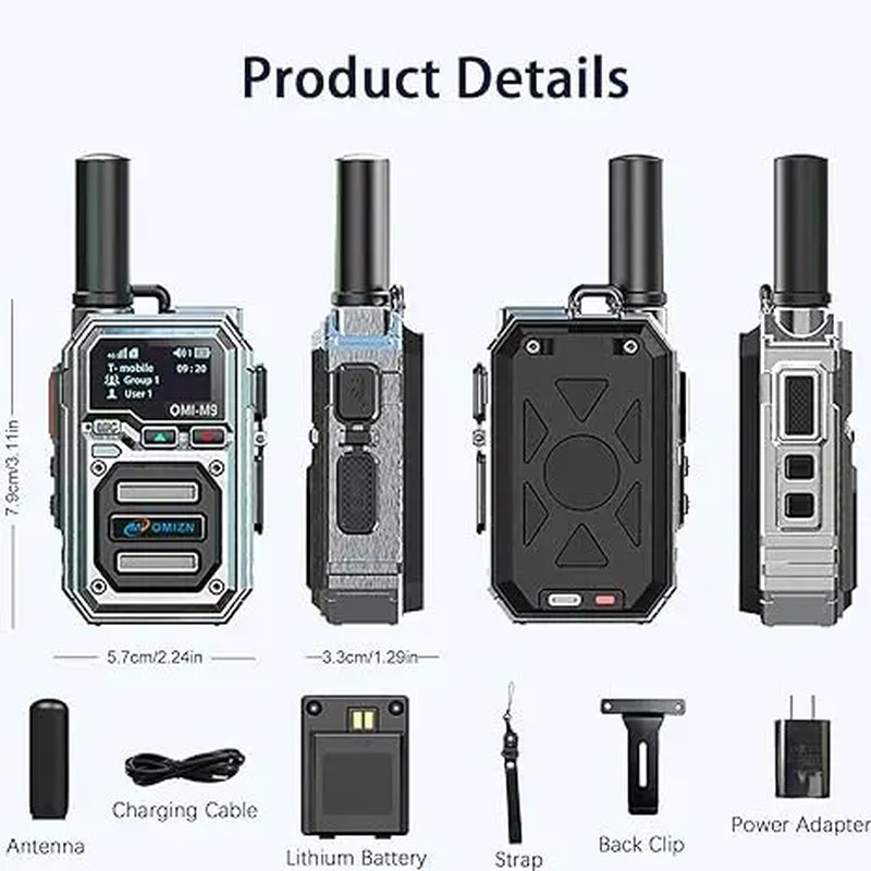 M9 Global Walkie Talkie - 2 Pack with SIM Card, Unlimited Range, 6800mAh Battery, AES256 Encryption, Zinc Alloy Construction, IP54 Rating, and Noise Reduction Technology