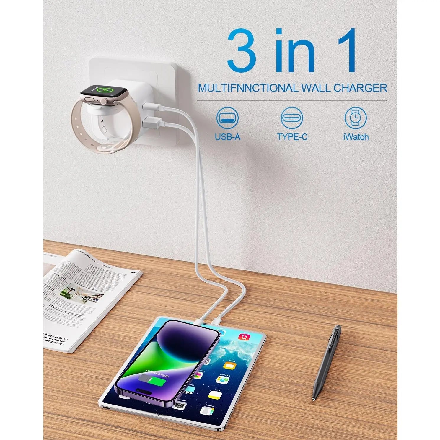 36W Apple Charging Block with Integrated Watch Charger, Foldable PD Fast Charger with Dual Ports, Compatible with iPhone, Apple Watch, and AirPods