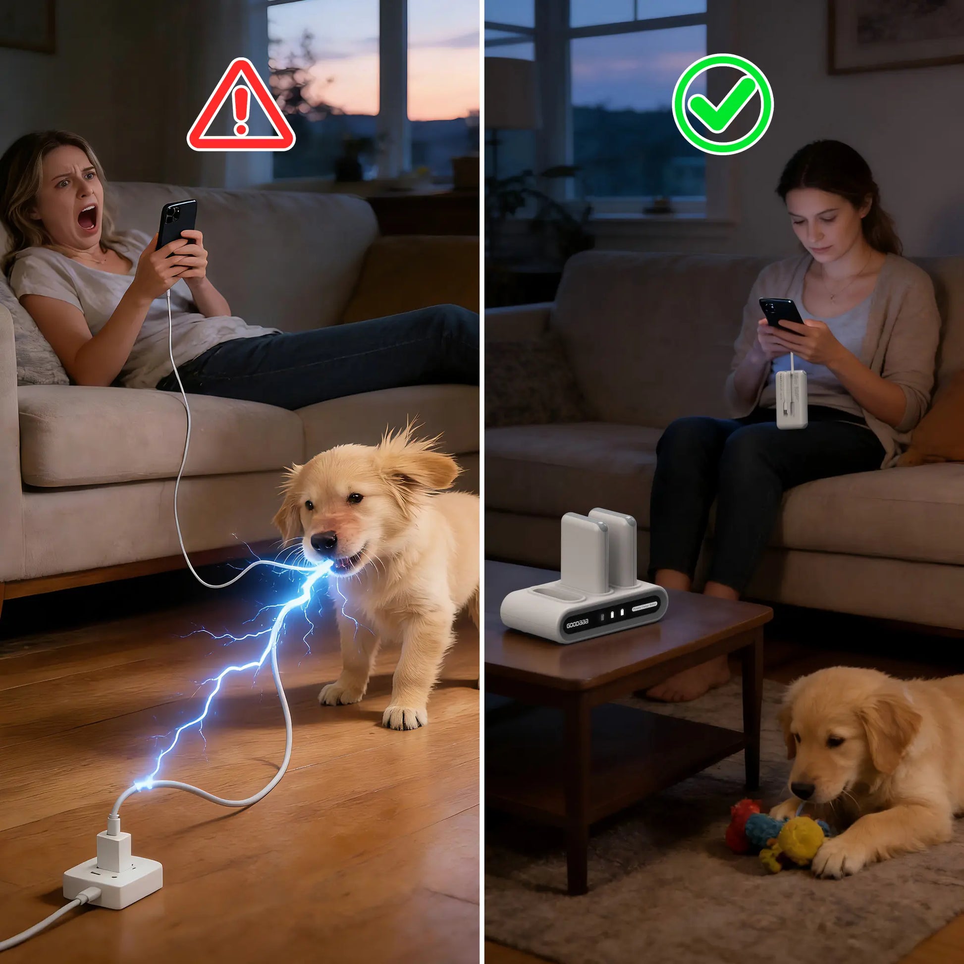 Goodaaa 3-Pack 10000Mah Portable Charger with Charging Dock Station, Built-In Cables, Family Power Hub for Home, Office, Travel, Parties, Dorms & Perfect Gift