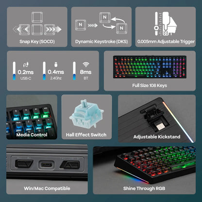 EPOMAKER HE108 Wireless Gaming Keyboard, 8K Polling & 10000Mah, SOCD & DKS, Full-Sized Hall Effect Keyboard with Rapid Triggering, Custom Driver RGB Backlit PBT Keycap Gaming Accessories Keyboards for Gaming Dealsforyoudays