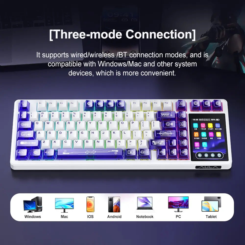 Aula L99 Tri-Mode Mechanical Wireless Gaming Keyboard - 84 Keys with Display, RGB Lighting, Hot Swappable Switches, High Battery Capacity, Compatible with Windows, Mac, and iOS